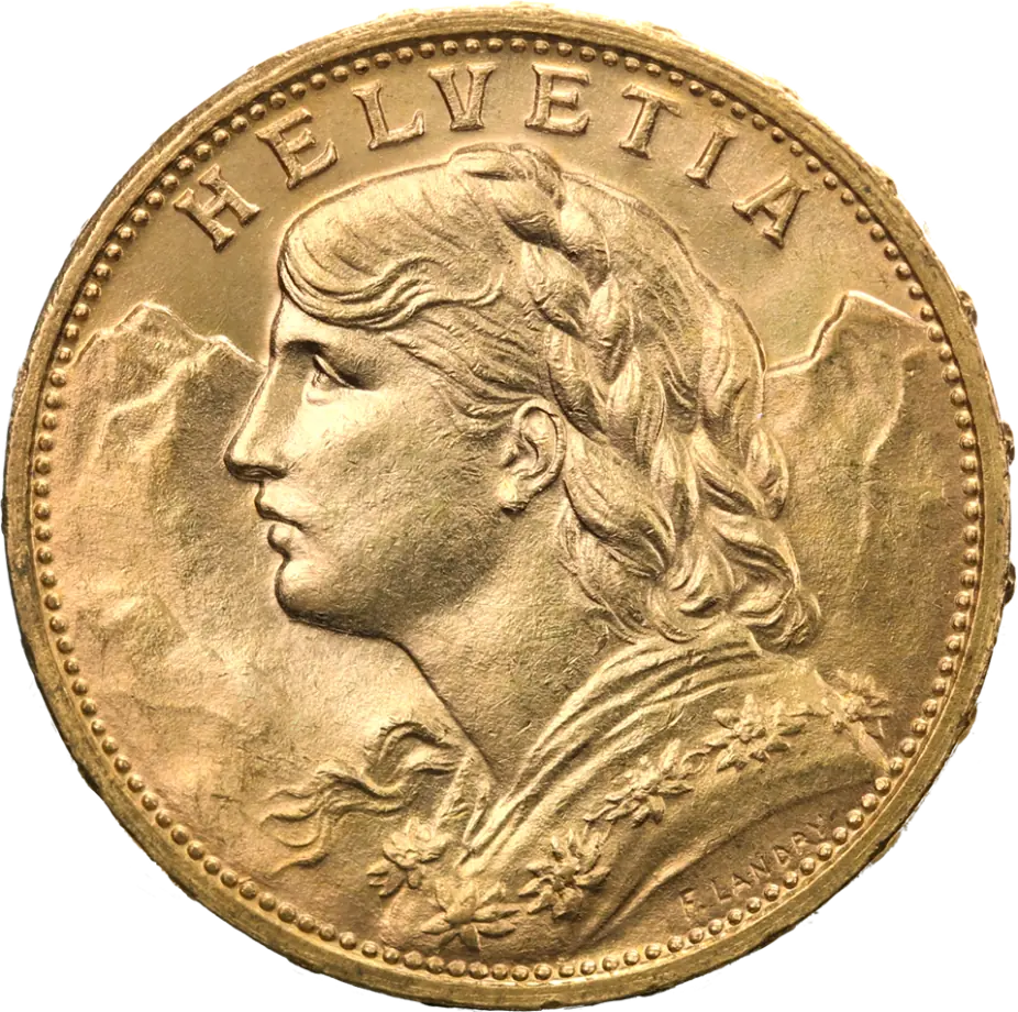 Monedă aur 20 Franci Elvețieni Vreneli (1897–1949)